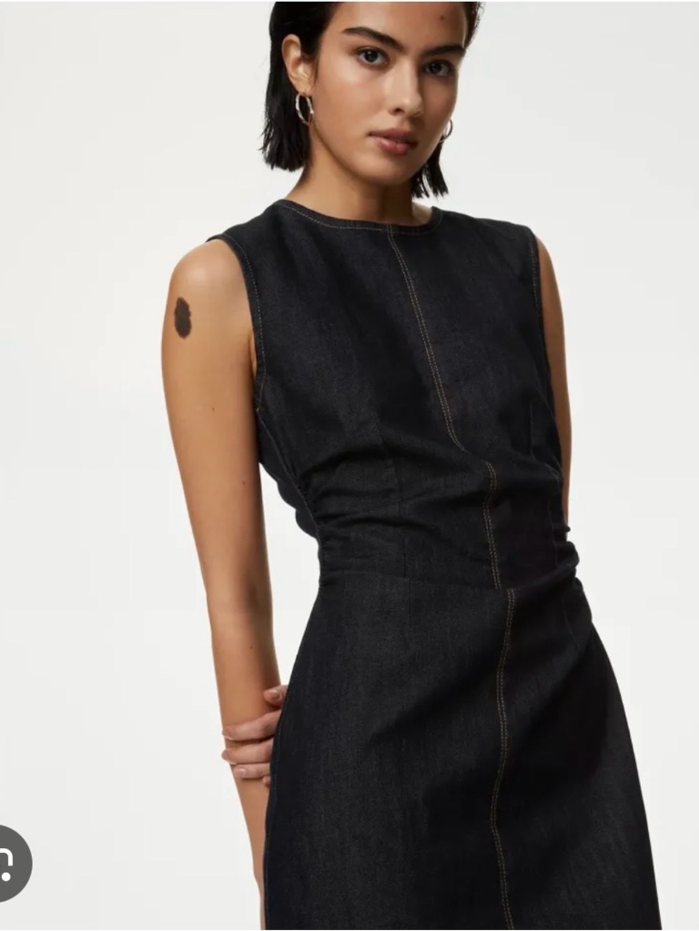 NWT Marks & Spencer Dark Indigo Denim Round Neck Ruched Midi Column Dress, SZ 14